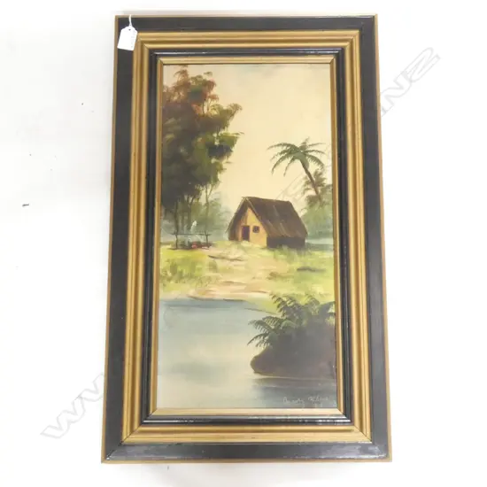 H T GARRATT (DE RITZ) (1875-1953) 'MAORI WHARE' COLONIAL OIL 500x250mm 