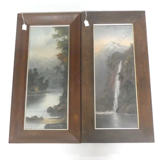 H T GARRATT (DE RITZ) (1875-1953) 2 COLONIAL LANDSCAPE OILS; 'WANGANUI RIVER' & 'STERLING FALLS' 610x230mm