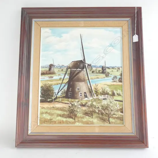HARRY SANGAL WINDMILLS  AT KINDERDIJK HOLLAND 1976 OILON BOARD 480 X 400 MM