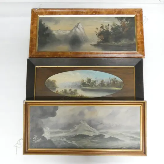 3 COLONIAL LANDSCAPE OILS BY H T GARRETT (DE RITZ) 'A STORM', 'MITRE PEAK' & OTHER 240x630mm