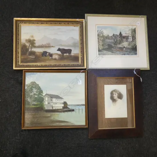 4 FRAMED ART; 2 OIL ON BOARD; 1 PORTRAIT WATERCOLOUR + LTD ED PRINT LARGEST 445 X 300MM