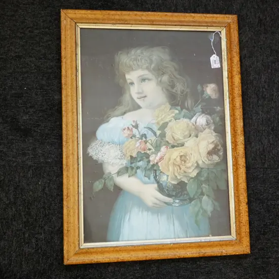 VICTORIAN FRAMED CHROMOLITHOGRAPH GIRL W FLOWERS 645 X 475mm