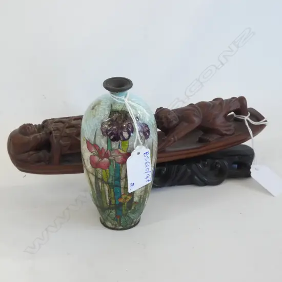CLOISONNE VASE & CARVED WOODEN INCENSE HOLDER L.230mm