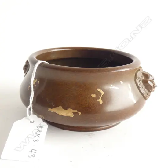 CHINESE BRONZE CENSER, LION MASK HANDLES, GOLD SPLASHED WALLS. Dia. 110mm