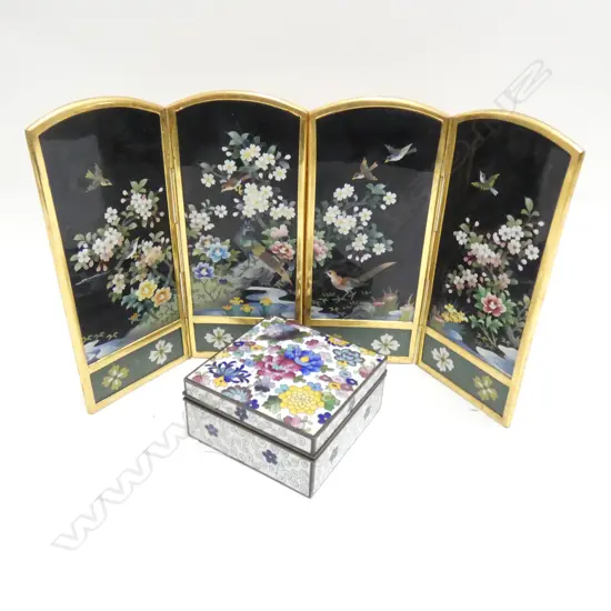 2 CLOISONNE ITEMS; LIDDED BOX & MINI 4 PANEL SCREEN H.