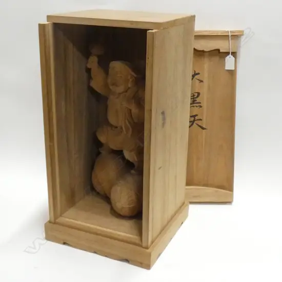 WELL CARVED CYPRESS WOOD DEITY STATUE SIGNED KITAGAWA 