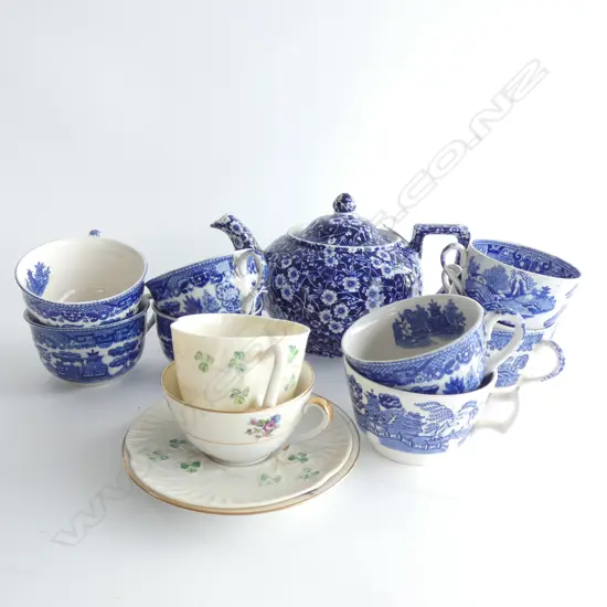 9 B/W WILLOW CUPS + CALICO TEAPOT & 2 C/S; LIMOGES / BELLEEK