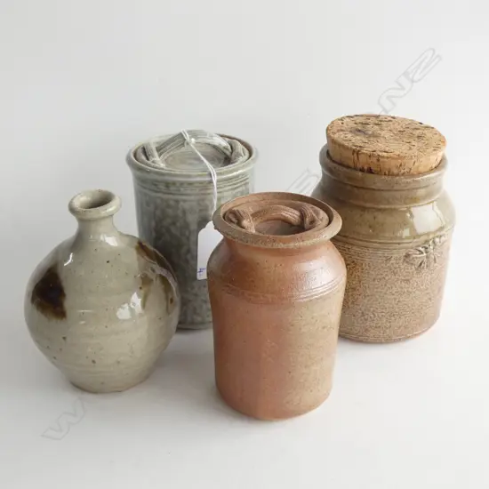 2 JULIE GIBBS STUDIO POTTERY 'MILK CANS' + A HONEY POT & SMALL BOTTLE H.105mm
