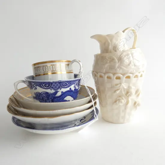 3 PCES BELLEEK / 4 PCES 19th GILT CHINA + B/W C/S & DOULTON JUG