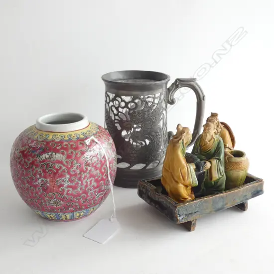 2 CHINESE 'MUD MEN' + PEWTER MUG, GINGER JAR & TRAY