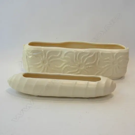 2 WHITE CROWN LYNN TROUGH VASES; #107 L.275mm + #137