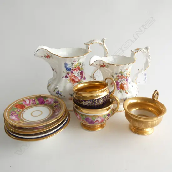 3 GILDED CUPS & SAUCERS + 2 HAMMERSLEY JUGS + A SAUCER