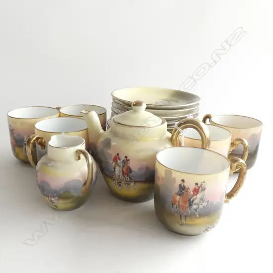 20 PCE ROYAL BAYREUTH 'HUNT' TEA SET; 6 TRIOS, TEAPOT, MILK