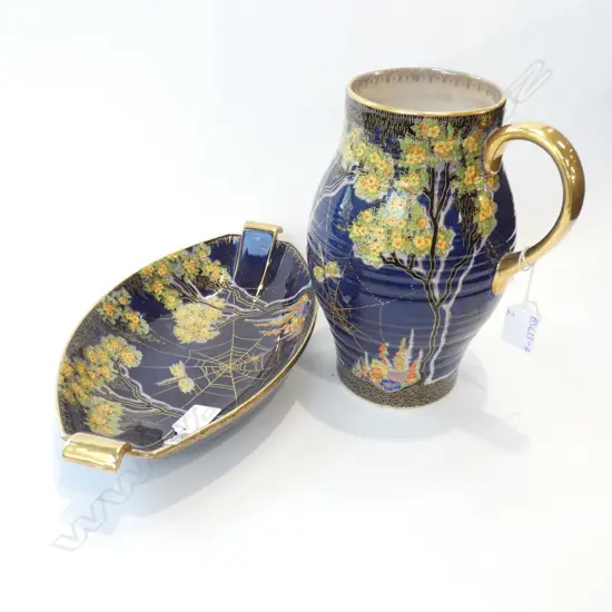 2 BLUE CROWN DEVON SPIDER WEB & DRAGONFLY PCS; OVAL DISH & LG JUG H. 235MM