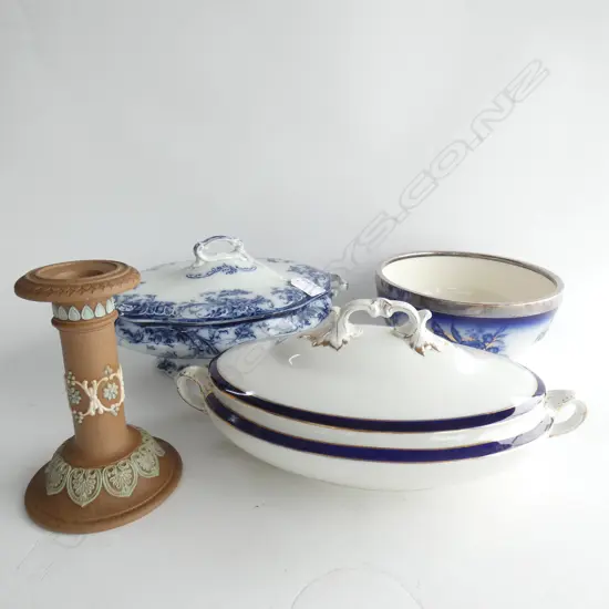 2 TUREENS + BURLEIGH B/W BOWL 200mm dia + DOULTON LAMBETH CANDLESTICK