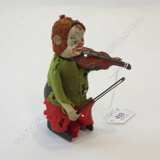 ANTIQUE SCHUCO TIN & FLOCK TOY CLOWN VIOLINIST CLOCKWORK