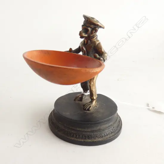 BRONZE STANDING DRESSED MONKEY W ORANGE BOWL H.90mm