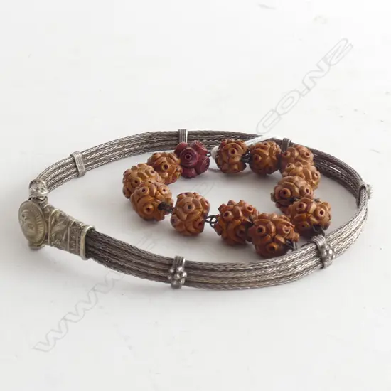 VINTAGE TRIBAL SILVER NECKLACE & CARVED NUT/BEAD BRACELET