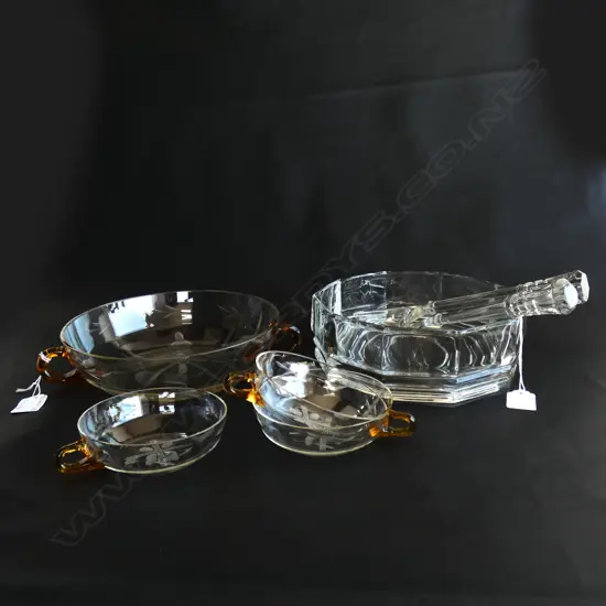 ART DECO SALAD BOWL (DIA 195MM) & GLASS SERVERS + AMBER & GLASS BOWLS