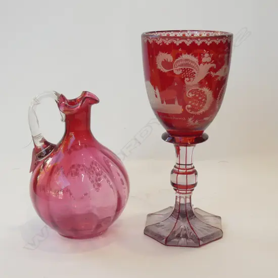 (17775) CRANBERRY GLASS - JUG w LILY OF THE VALLEY (H180MM) & LG CZECH GOBLET (H 230MM)