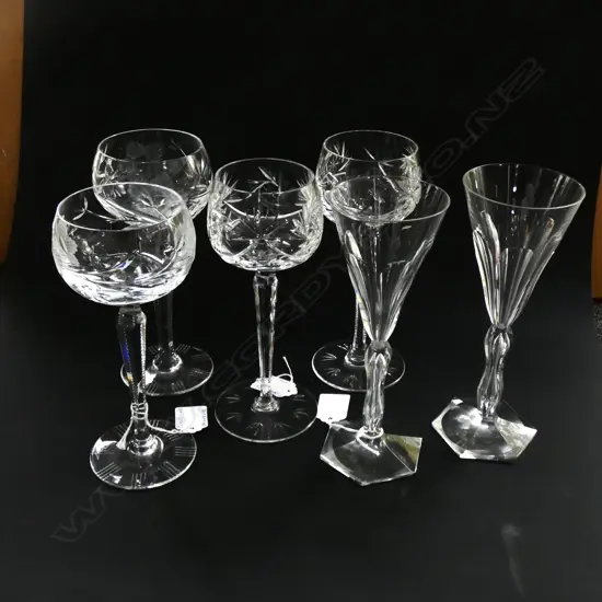 6 ASST BOHEMIAN CRYSTAL CUT & ENGRAVED WINE GLASSES H. 200MM