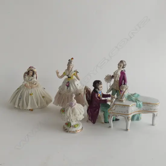 5 DRESDEN FIGURINES; MAN, WOMAN, SEATED LADY, MINIATURE & PIANO PLAYER