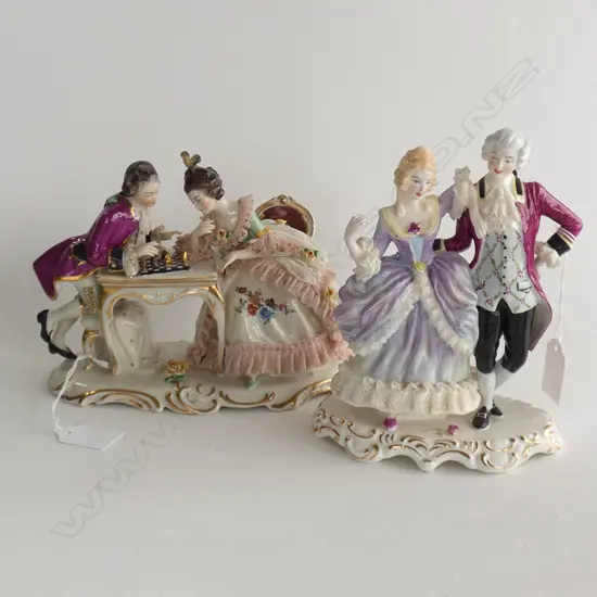 2 DRESDEN FIGURINES; COUPLE PLAYING CHESS & COUPLE DANCING H.170mm