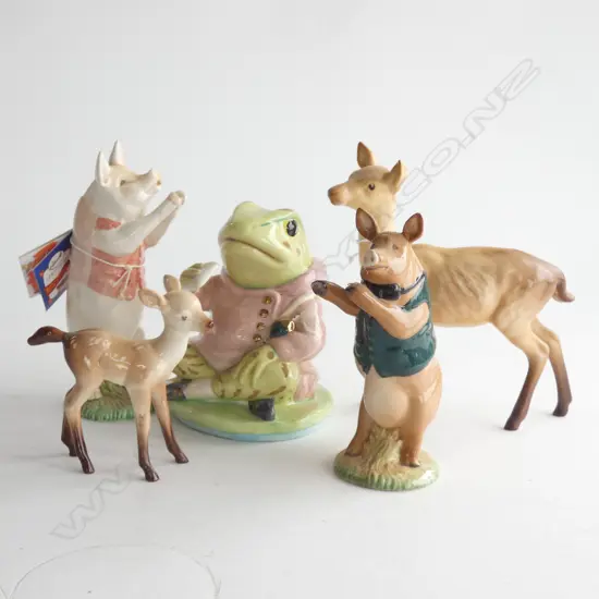 5 BESWICK FIGURINES; DOE & CALF, JEREMY FISHER + 2 PIGS