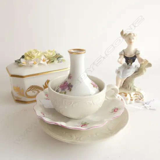 SHELLEY PIN DISH, CROWN DERBY FIGURE (REPAIRED), BOX, C/S, VASE