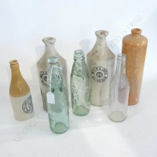 7 VINTAGE BOTTLES; 2 MEEK'S INK, 2 CODD ETC