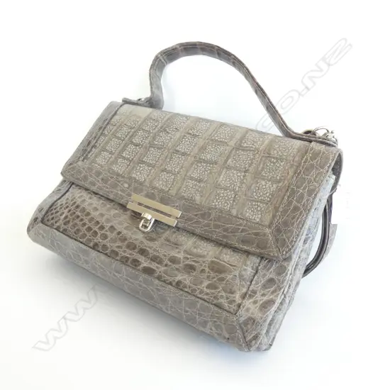 VINTAGE GREY CROCODILE LEATHER HANDBAG w REMOVABLE SHOULDER STRAP