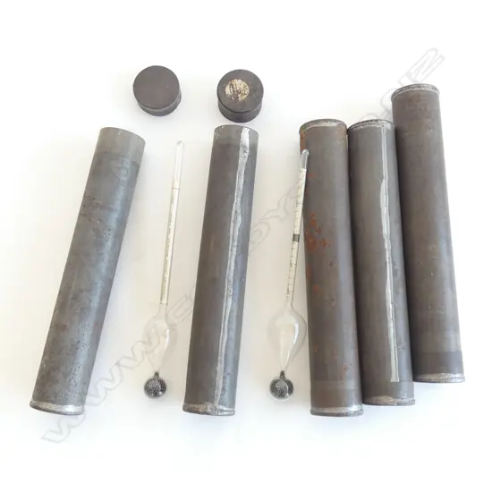 BOX 5 VINTAGE HYDROMETERS IN TIN CANISTERS