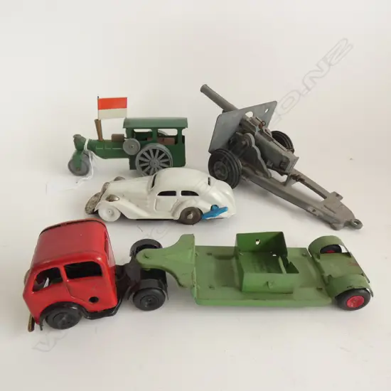 4 TIN PLATE TOYS; CAR, ROLLER, TRI-ANG TRUCK & TRAILER + CANON