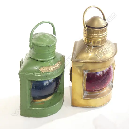 2 SHIPS LANTERNS; BRASS PORT & GREEN PAINTED STARBOARD H.270mm