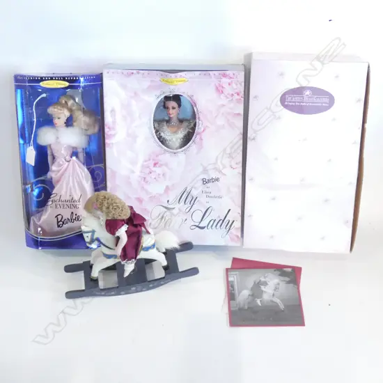 3 DOLLS; 2 BARBIES 'ENCHANTED EVENING' & 'MY FAIR LADY' + ASHTON DRAKE DOLL ON HORSE