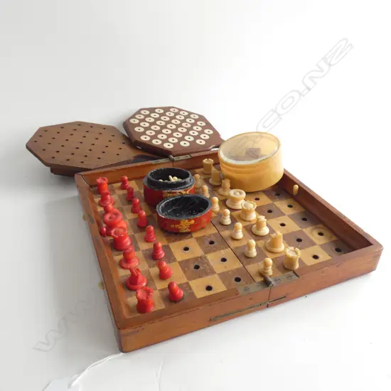 2 VINTAGE WOODEN GAMES; JAQUES LONDON TRAVELLING CHESS SET W.230mm + CHINESE CHECKERS...