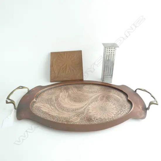 ARTS & CRAFTS COPPER TRAY L.480mm + POT STAND & MACKINTOSH PEWTER VASE