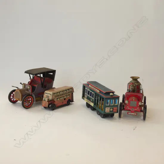 4 TIN PLATE TOYS; FIRE ENGINE, TRAM, BUS, CAR