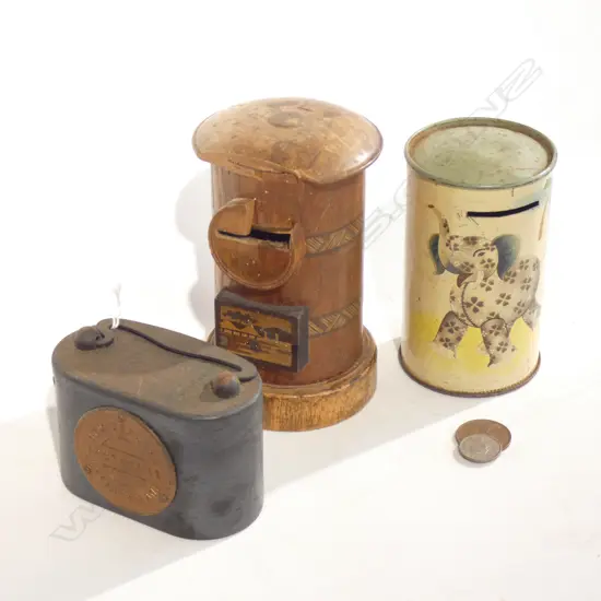 3 VINTAGE MONEY BOXES w. COINS