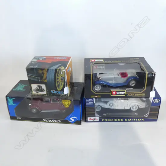 4 BOXED MODEL CARS; MODEL T FORD, CITROEN 2CV, ALFA ROMEO 2300 SPIDER & MERCEDES 500K