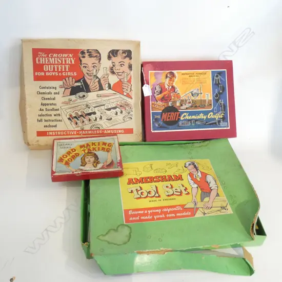 4 VINTAGE GAMES; 2 CHEMISTRY SETS, TOOL SET ETC