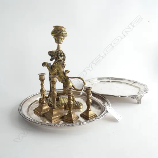 2 EP SALVERS 205mm dia + 4 BRASS CANDLESTICKS