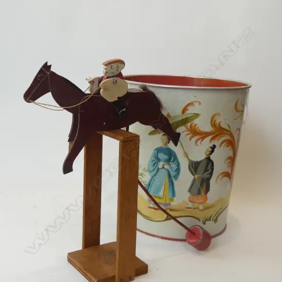 WORCESTER WARE TIN BIN w. ORIENTAL FIGURES + WOODEN TOY