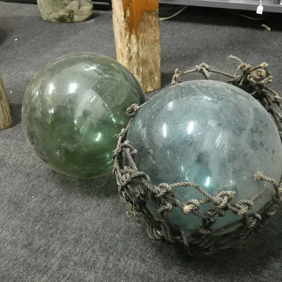2 OLD HAND BLOWN FISHING FLOATS one w. NETTING TORN 320mm dia