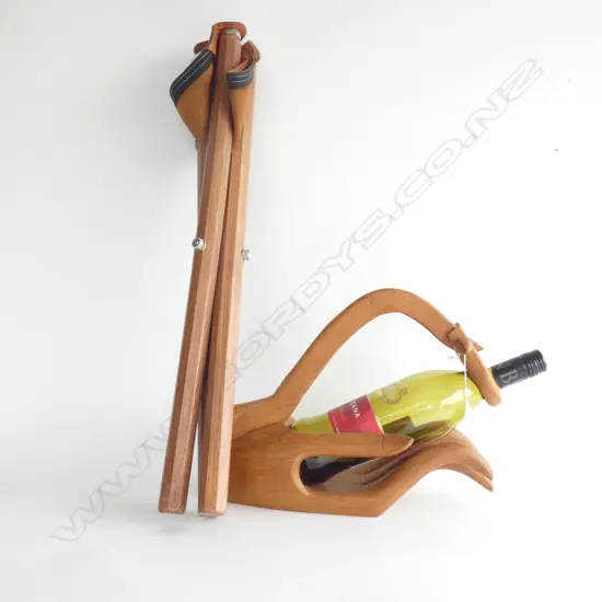 CARVED WOODEN WINE BOTTLE HOLDER & LEATHER & WOODEN TRIANGLE FOLDING STOOL