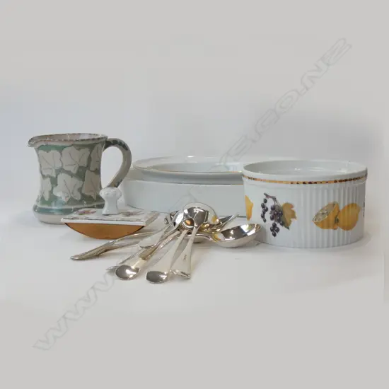 3 ROYAL WORCESTER EVESHAM DISHES; OVAL L.370mm, PIE & SOUFFLE + JUG & SPOONS & BLOTTER