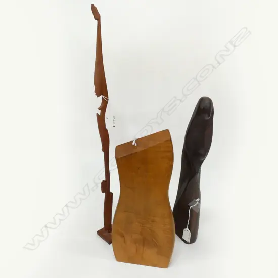 3 MID CENTURY WOOD CARVINGS; MADONNA & CHILD / TORSO (H345MM) ETC.