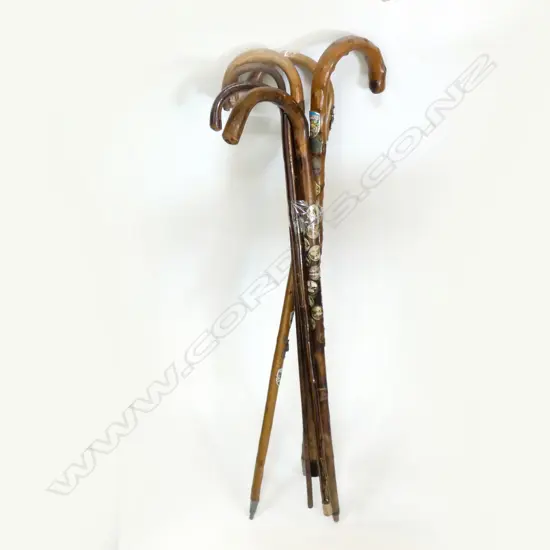 6 VINTAGE WALKING STICKS - 4 WITH SOUVENIR BADGES