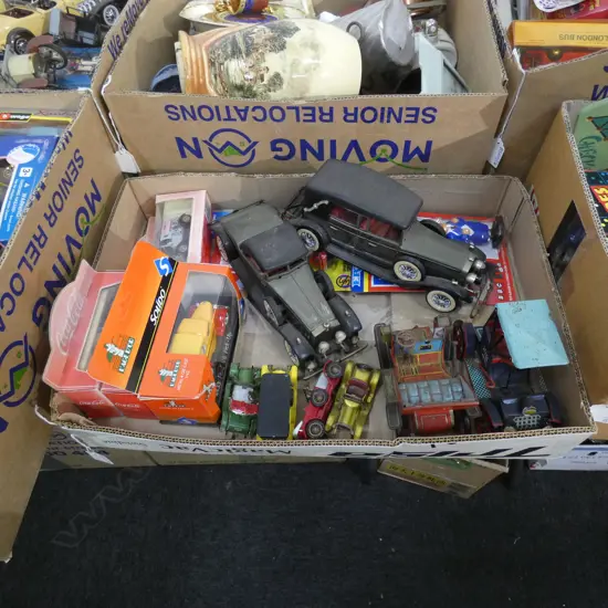 BOX LOT ASST. TIN PLATE CARS, LESNEY ETC