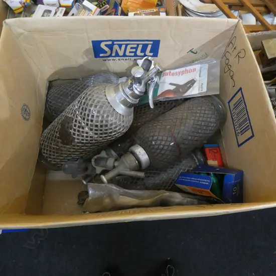 BOX LOT SODA SYPHONS ETC